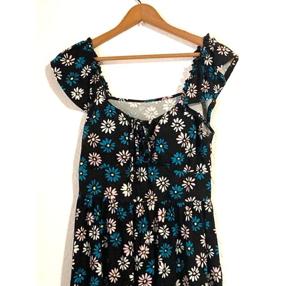 Black and Blue FLORAL High-Low Dress - Flutter Sleeve Dress - Picture 7 of 13